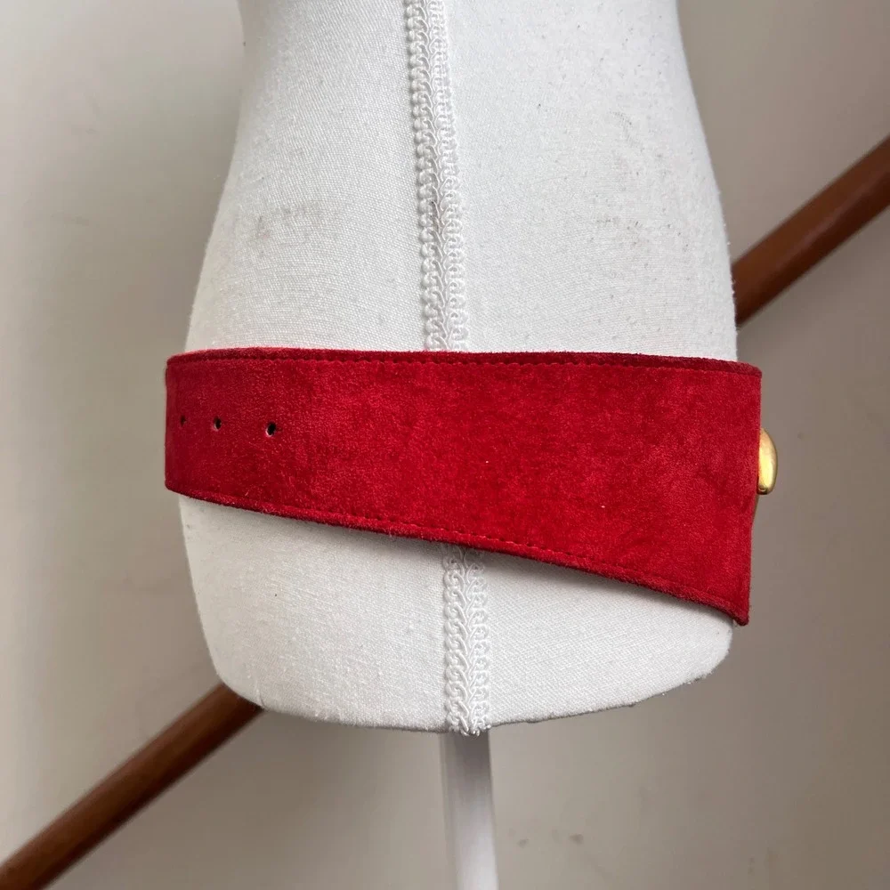 Vintage 80s Statement Belt Red Suede Leather Gold Ornate Buckle Wide Thick Big